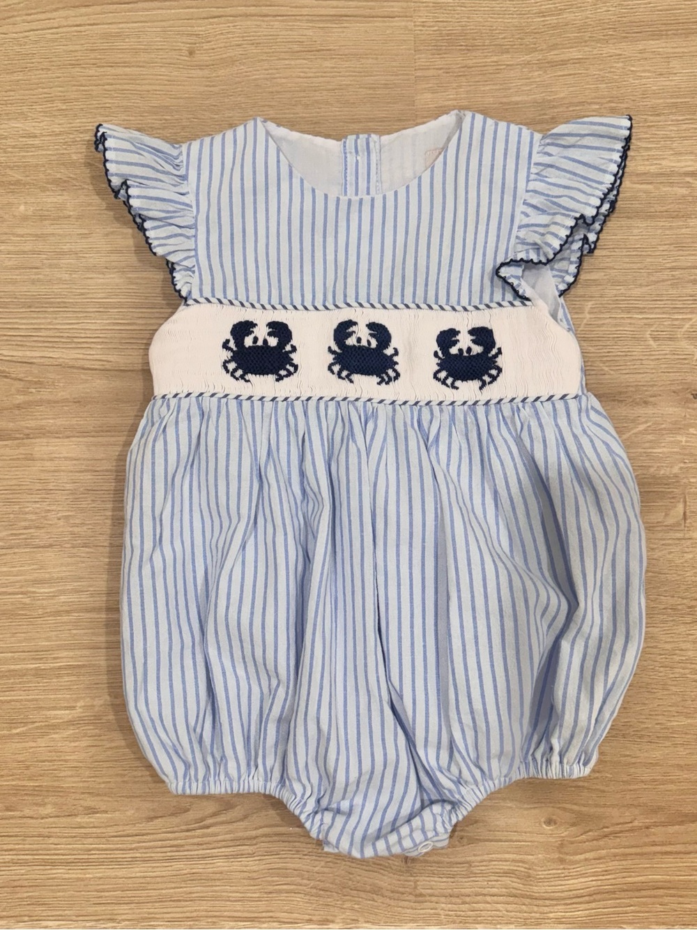 Little Bear Smocks Blue Baby Girl Bubble with Crab Smock Design